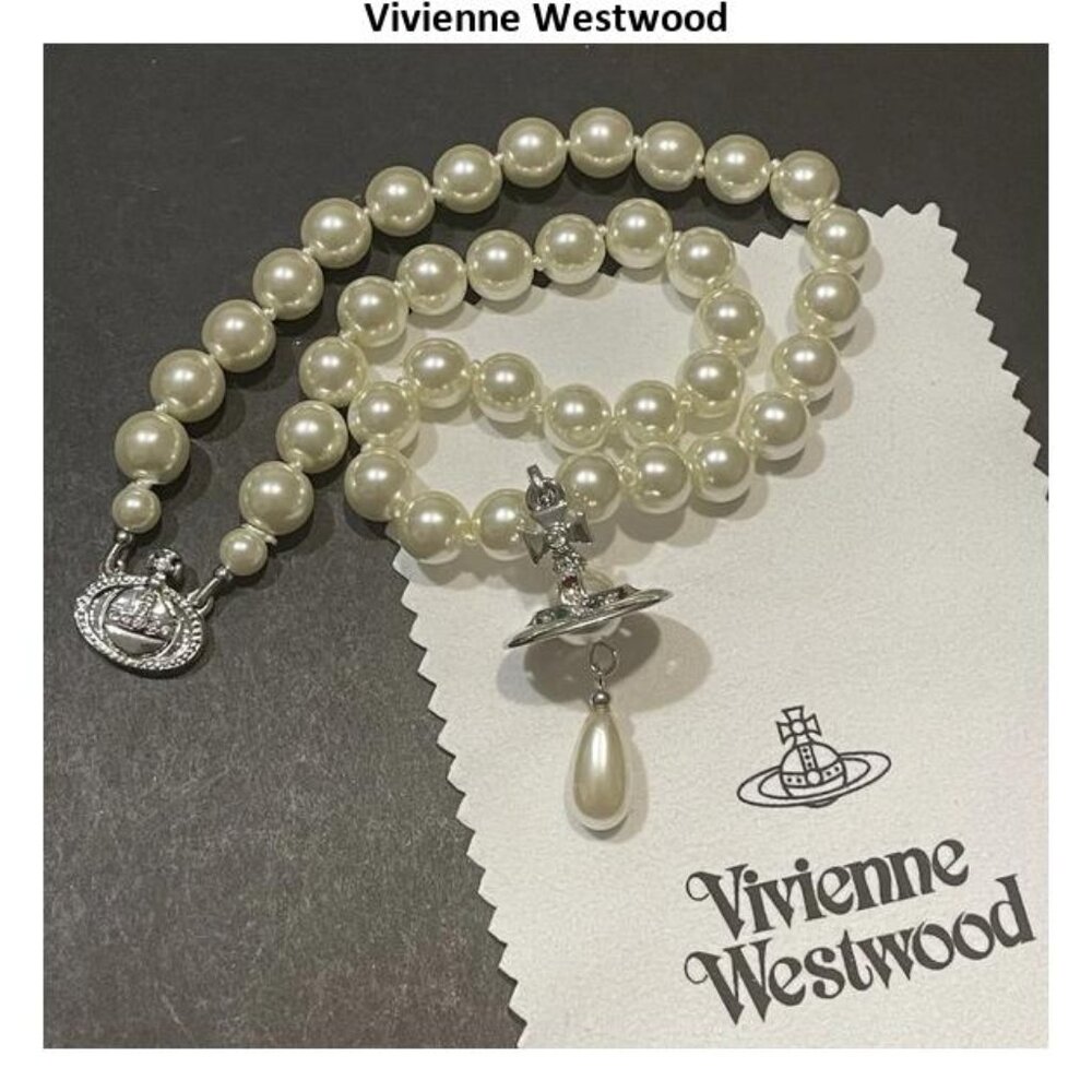 Vivienne Westwood large single row drop pearl 3D orbit SILVER choker necklace